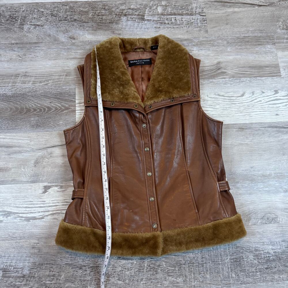 Vintage 90s Dana Buchman Brown Leather Shearling Vest Luxe Mob Wife Small - Picture 9 of 9